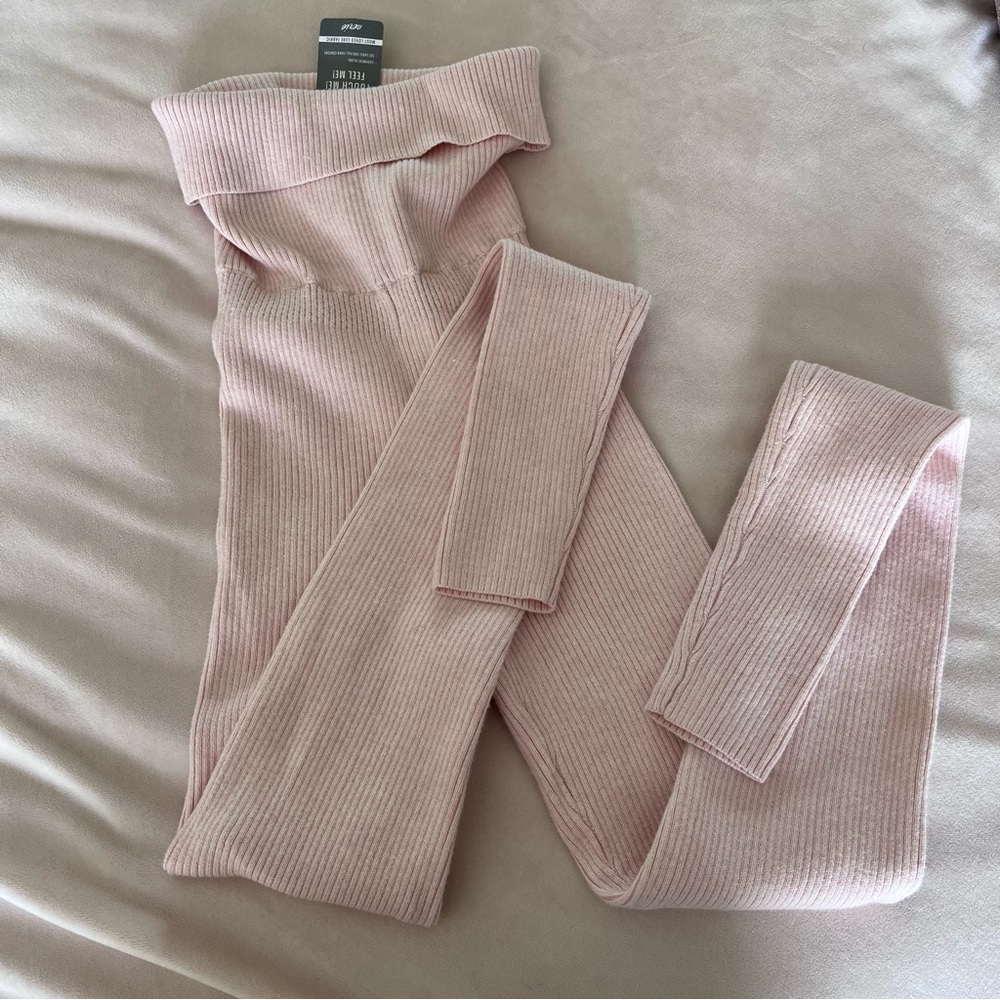 NWT Aerie Cashmere Blend Ribbed Knit Foldover Leggings Pale Pink SMALL Sweater